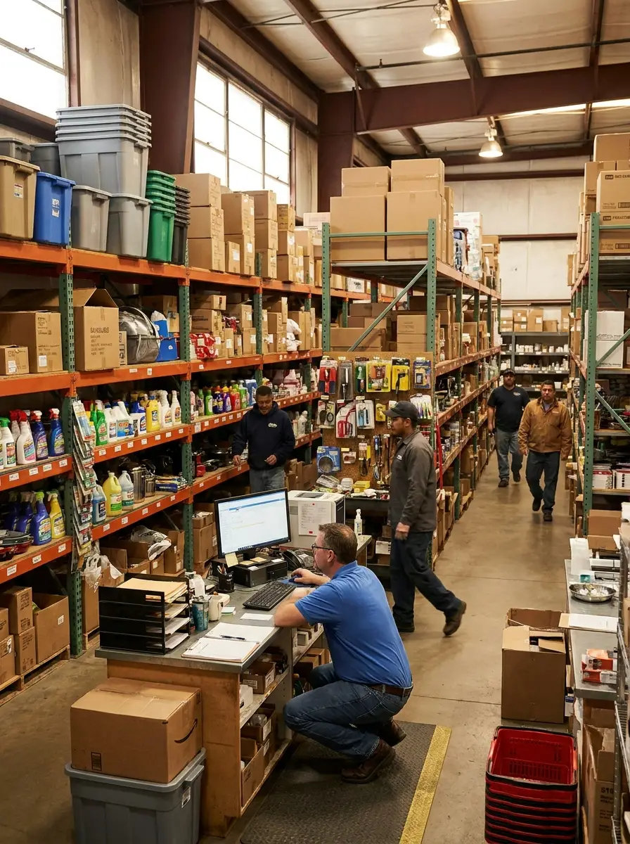Distribuidora de atacado e varejo com prateleiras de produtos variados.