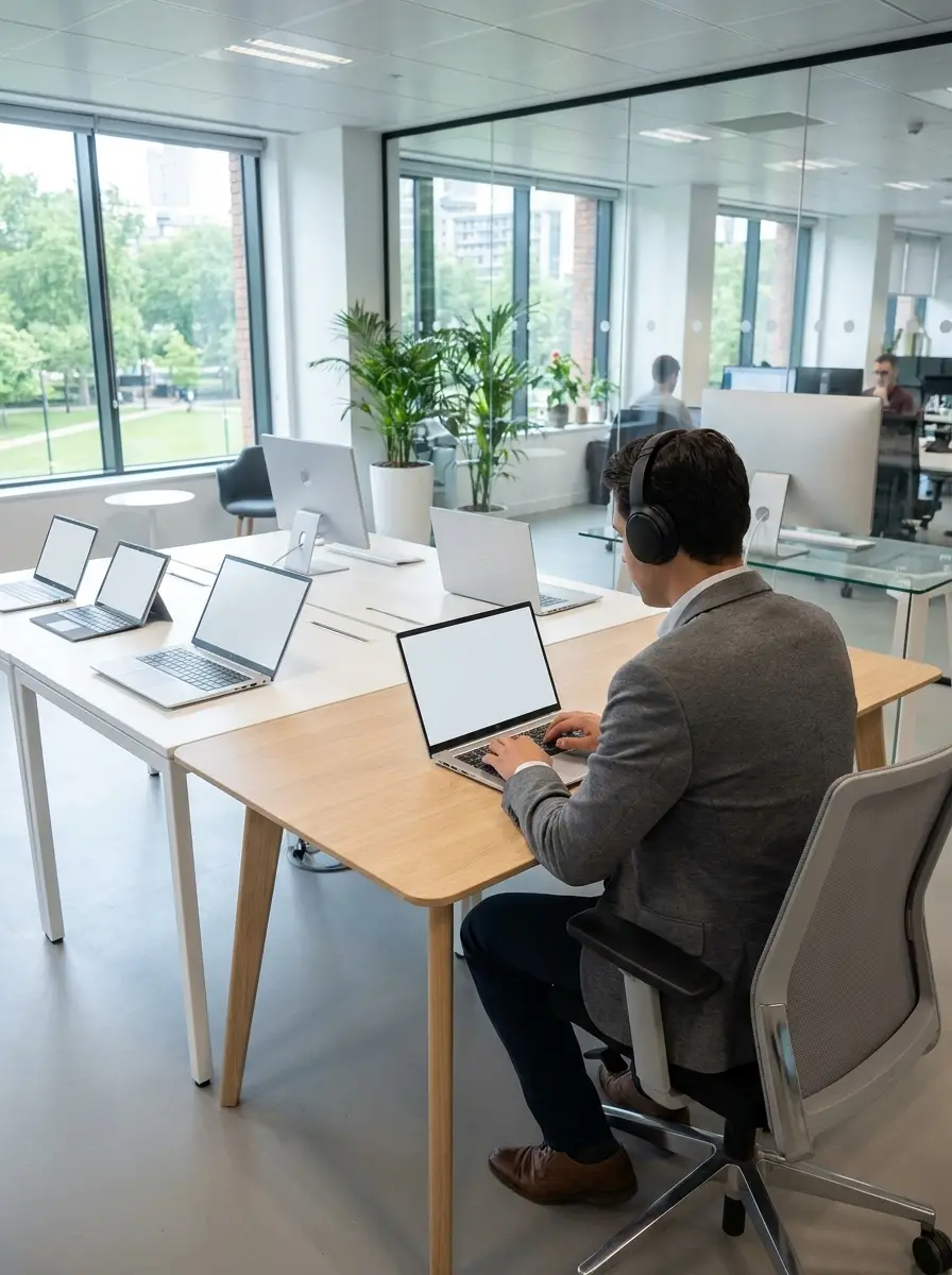 Empresa de tecnologia com notebooks e profissional usando laptop.