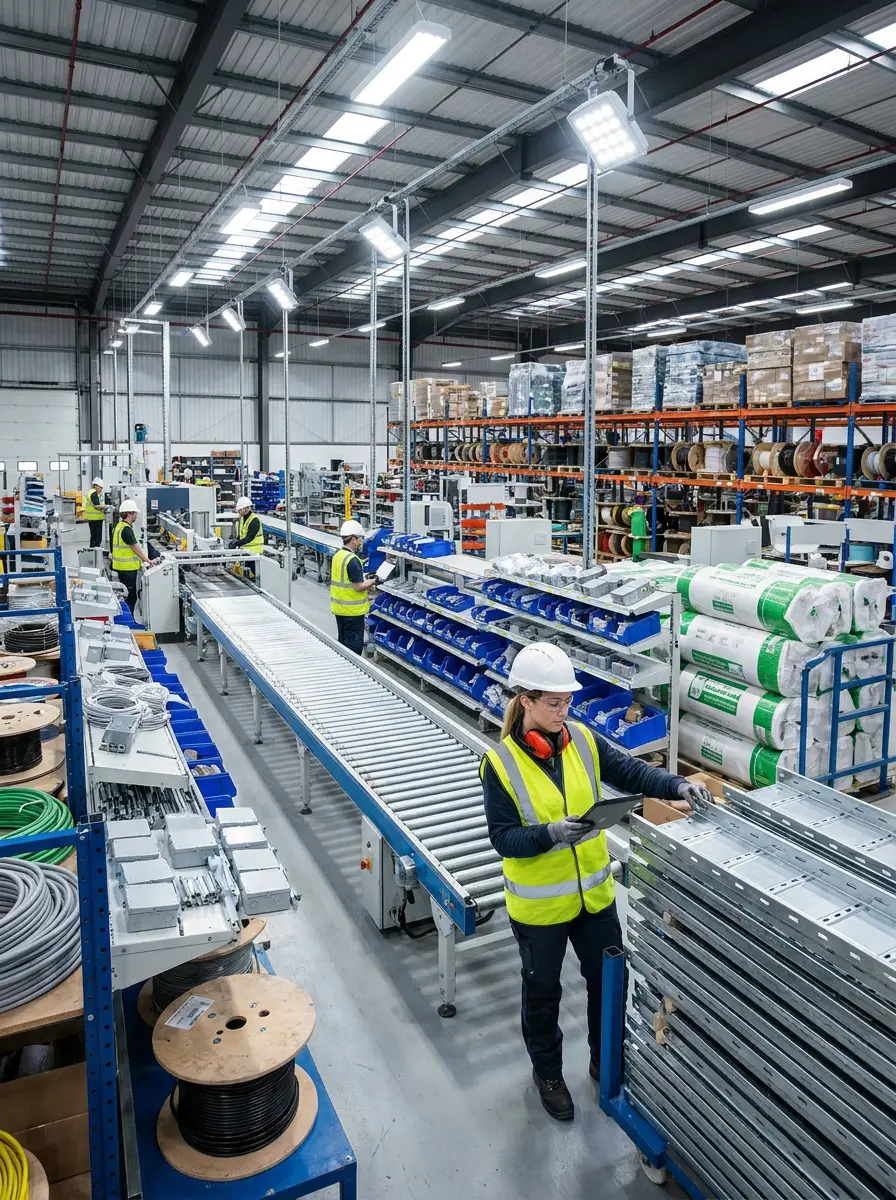 Indústria de construção civil com produtos em linha de montagem.